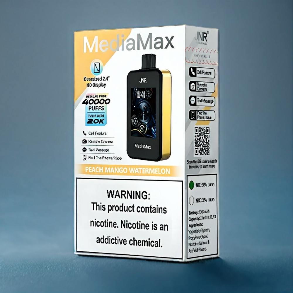 JNR MediaMax 40000 Puffs Dansk Engros - Fersken Mango Vandmelon: 21mL, 5% Nikotin, Type-C Hurtigopladning, 2.4
