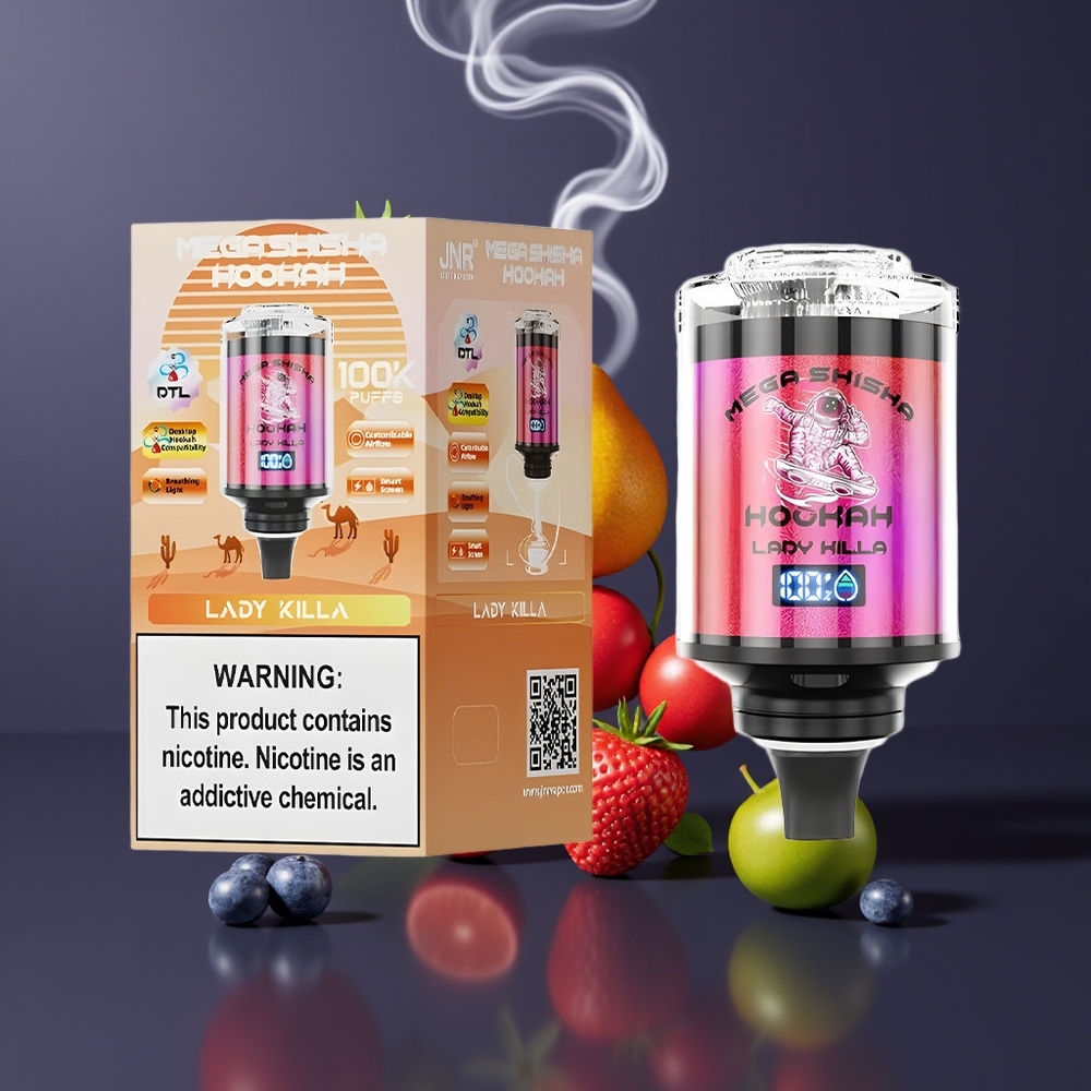 JNR Mega Shisha Hookah Dansk engros 100K Desktop Kompatibilitet med 60ml e-Liquid Kapacitet, 2200mAh Batteri og Justerbar Luftstrøm