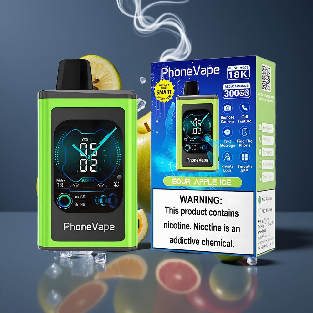 JNR PhoneVape 30000 puffs Disposable Vape Dansk engros – Type-C Opladning, Justerbar Luftflow, App Styret, Sur Æble Is