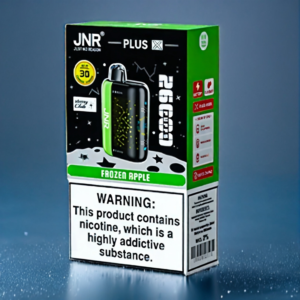 JNR Plus-X 26000 Puffs Dansk Engros - 850 mAh, 28ml, 2% Nikotin, Dobbelt mesh spole, Type-C, 3D Buet Skærm, Frossent Æble
