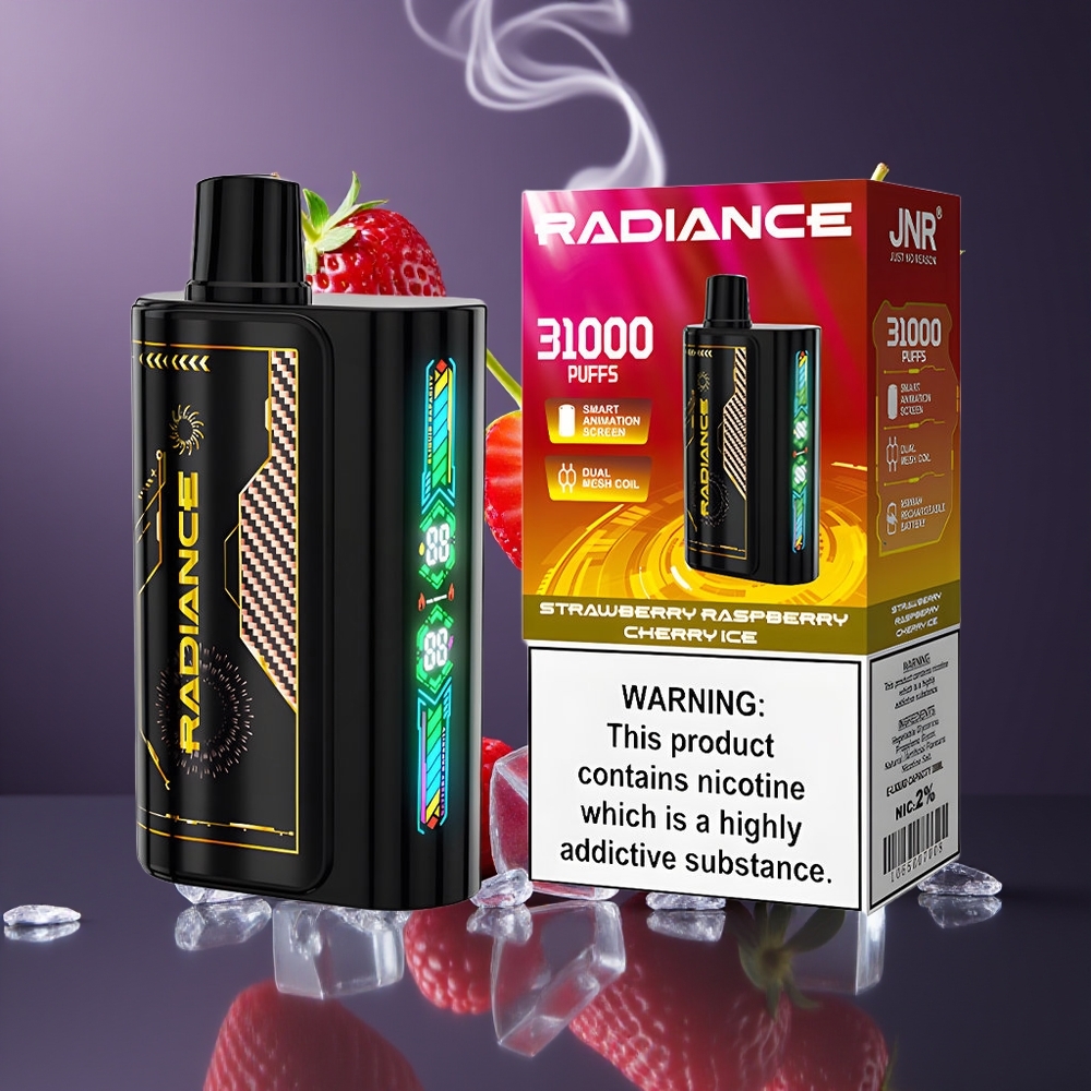 JNR Radiance 31000 Puffs Engangs Vape Dansk Engros – Jordbær Hindbær Kirsebær Is med 28ml E-væske, Smart Animation Skærm
