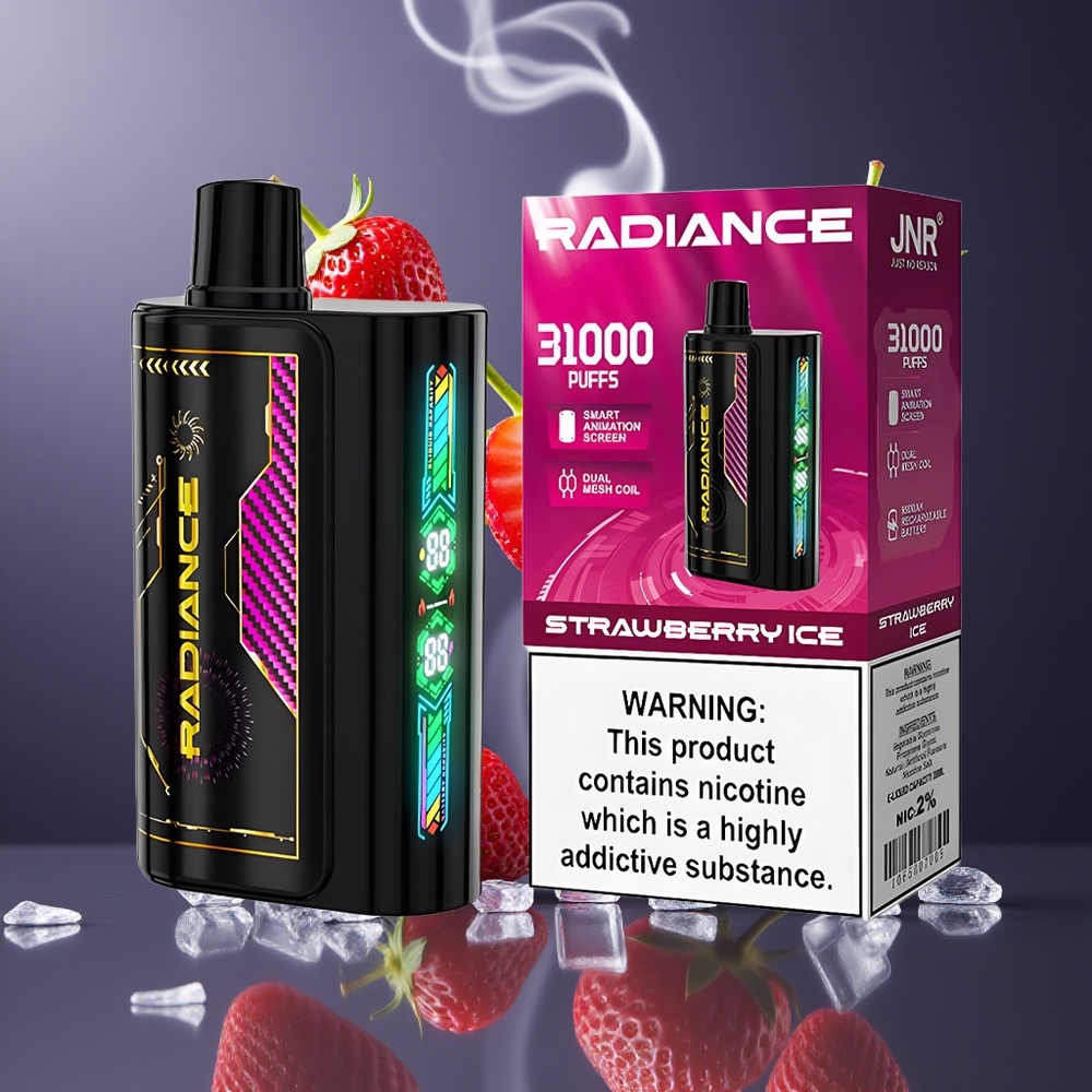JNR Radiance 31000 Puffs Engangs Vape Dansk Engros med Jordbær Is, 28ml E-væske, Smart Animationsskærm, Dual Mesh Coil