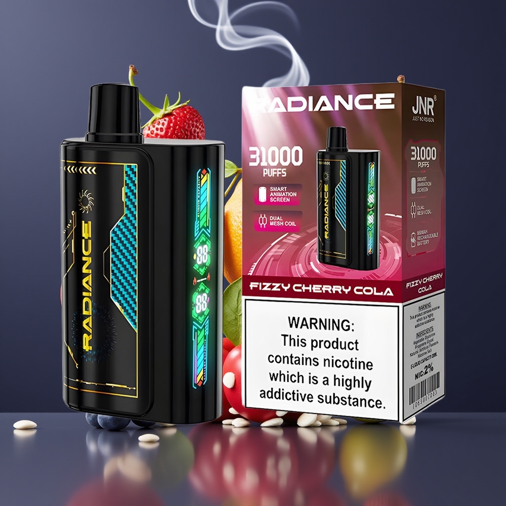 JNR Radiance 31000 Puffs Engangs Vape Dansk Engros med Smart Animation Screen, Dual Mesh Coil og Sprudlende Kirsebær Cola Smag