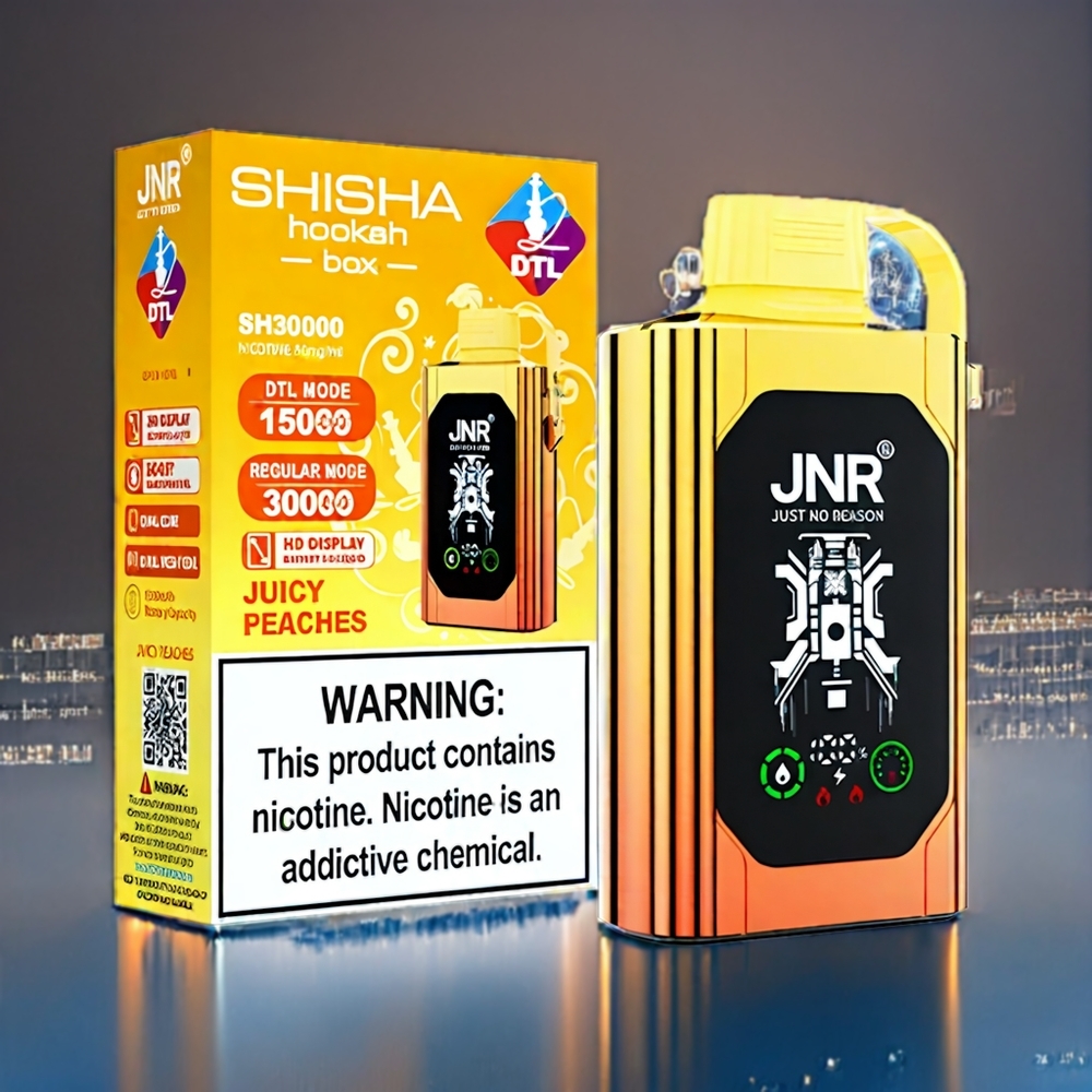 JNR Shisha Box 20500 Puffs Juicy Peaches Dansk Engros med HD Display, 1000mAh, Type-C Hurtigopladning