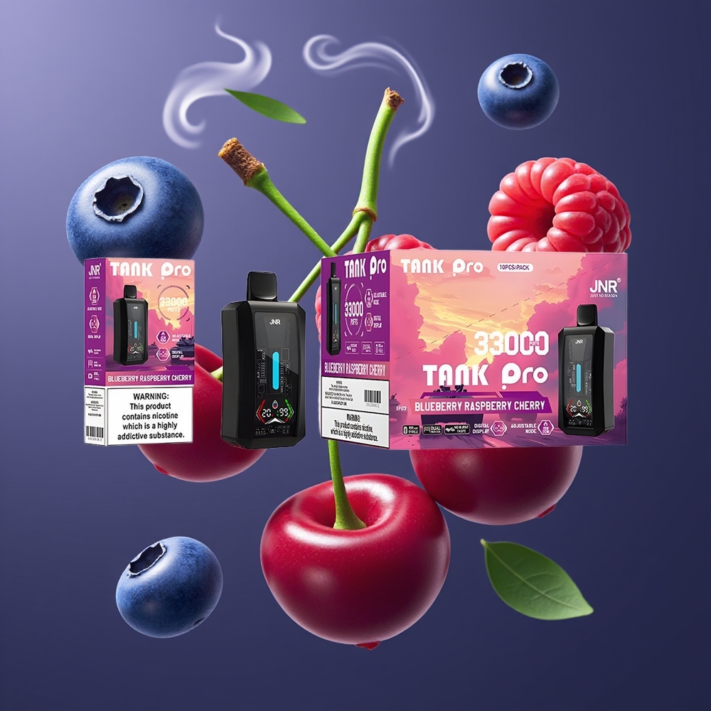 JNR Tank Pro 33000 Puffs Dansk Engros Disposable Vape med Digital Display, Dual Mesh Coil og Blåbær Hindbær Kirsebær