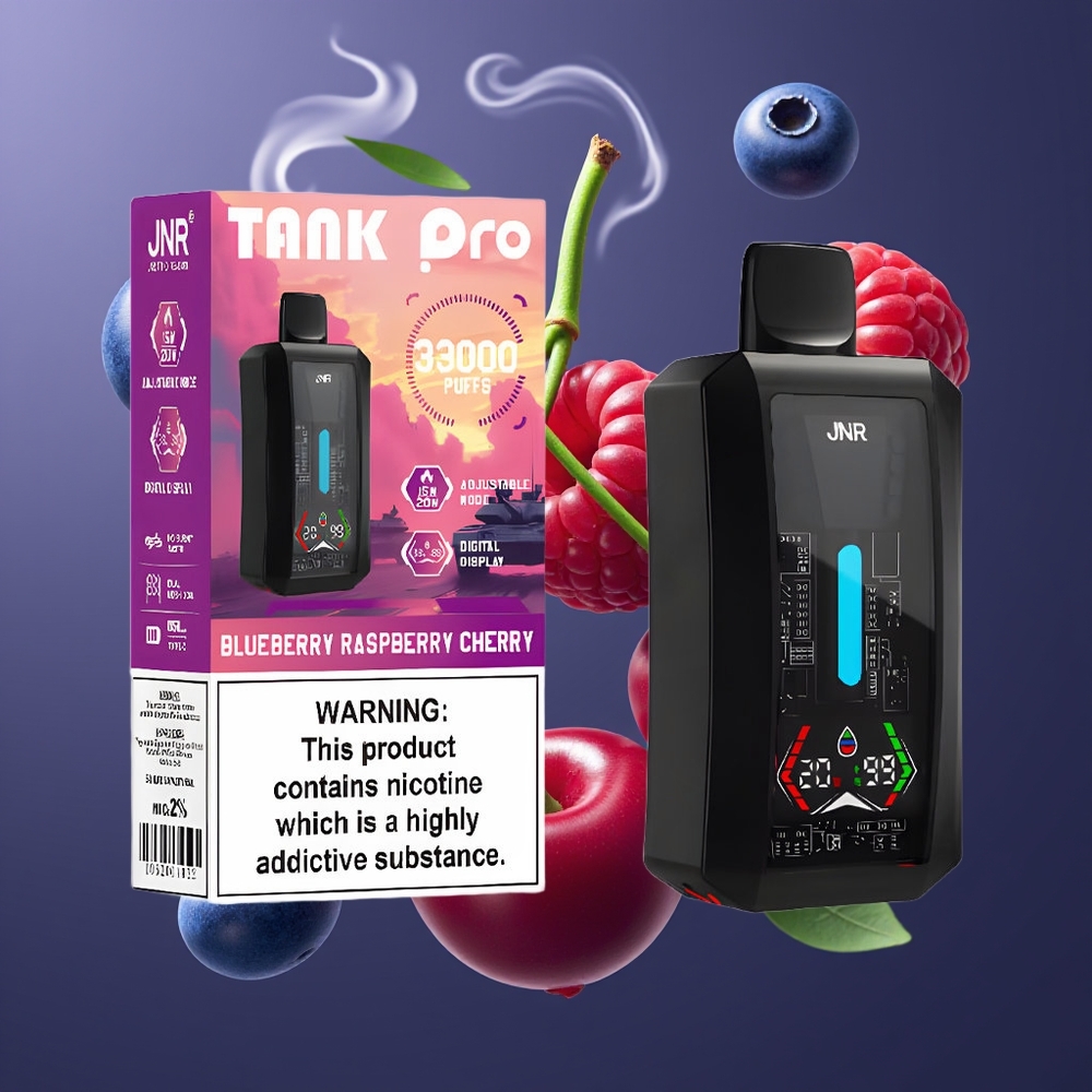 JNR Tank Pro 33000 Puffs Dansk Engros Disposable Vape med Digital Display, Dual Mesh Coil og Blåbær Hindbær Kirsebær