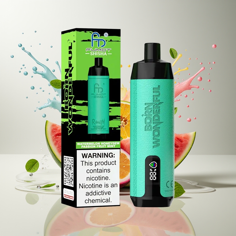 RandM Fumot Shisha 10000 Puffs Engangs Dansk Engros Vape med LED-indikator, 18ml e-væske og Vandmelon Honningmelon Passionsfrugt Mynte