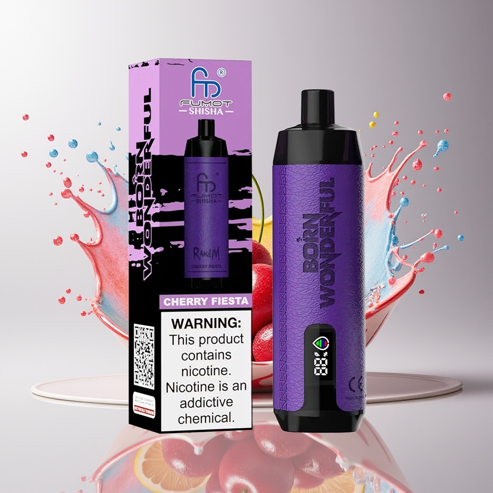 RandM Fumot Shisha 10000 Puffs Engangs Vape Dansk Engros med LED-Indikator, 18ml E-væske og Kirsebær Fiesta