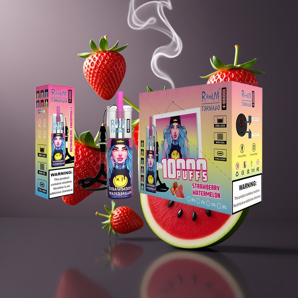 Fumot Original RandM Tornado 10000 Plus Engros Dansk Disposable Vape med 20 ml Tank og Type-C Port - Jordbær Vandmelon