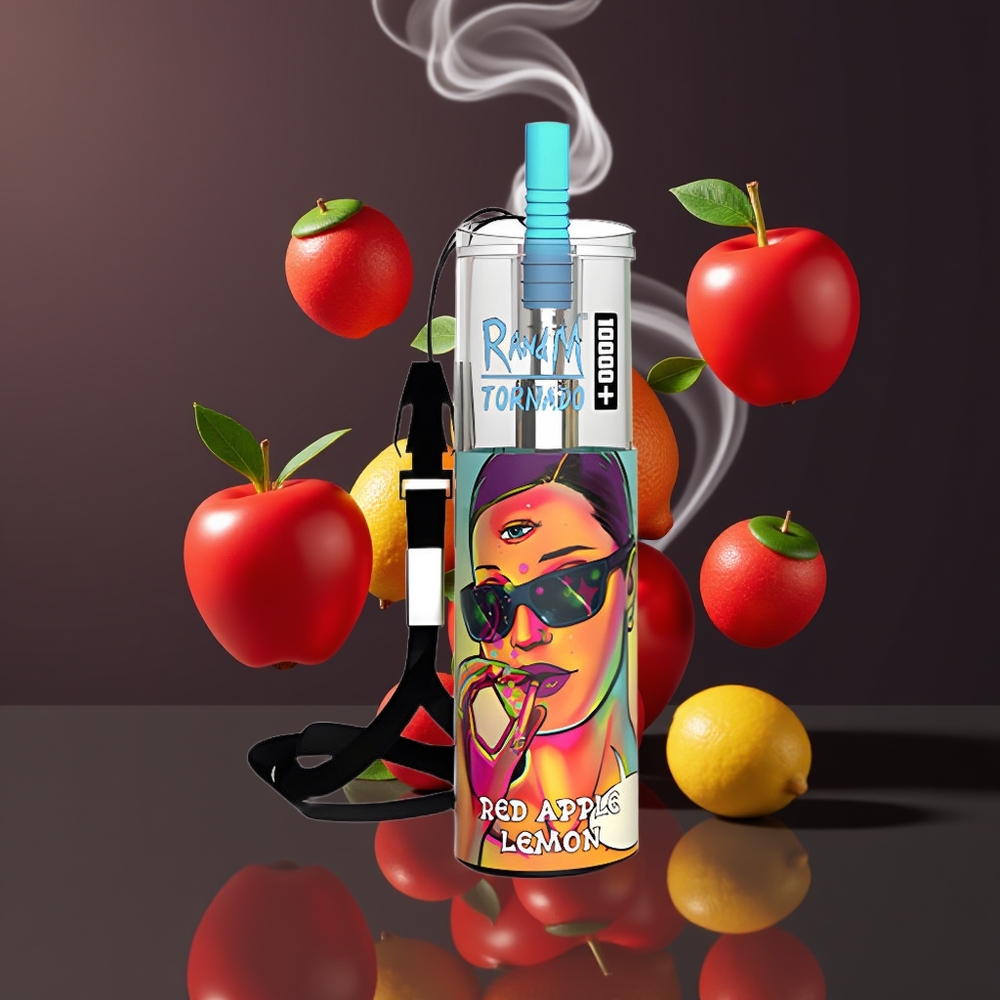 Fumot Original RandM Tornado 10000 Plus Engros Dansk Disposable Vape med Mesh Coil, Type-C Port og Rødt Æble Citron