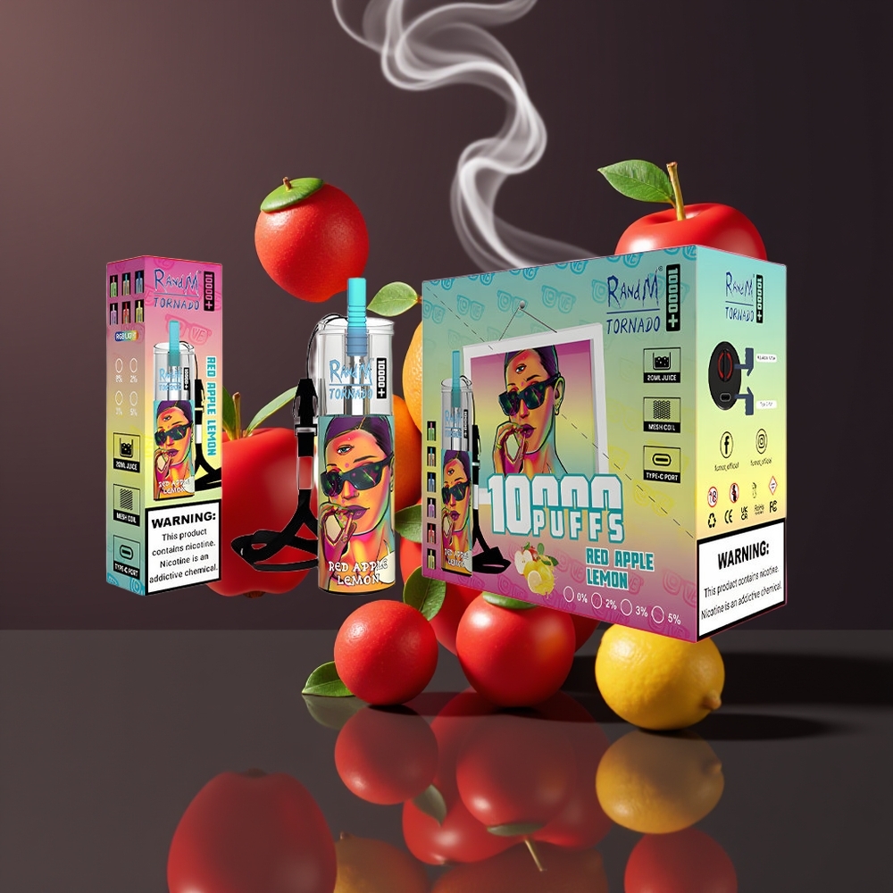 Fumot Original RandM Tornado 10000 Plus Engros Dansk Disposable Vape med Mesh Coil, Type-C Port og Rødt Æble Citron