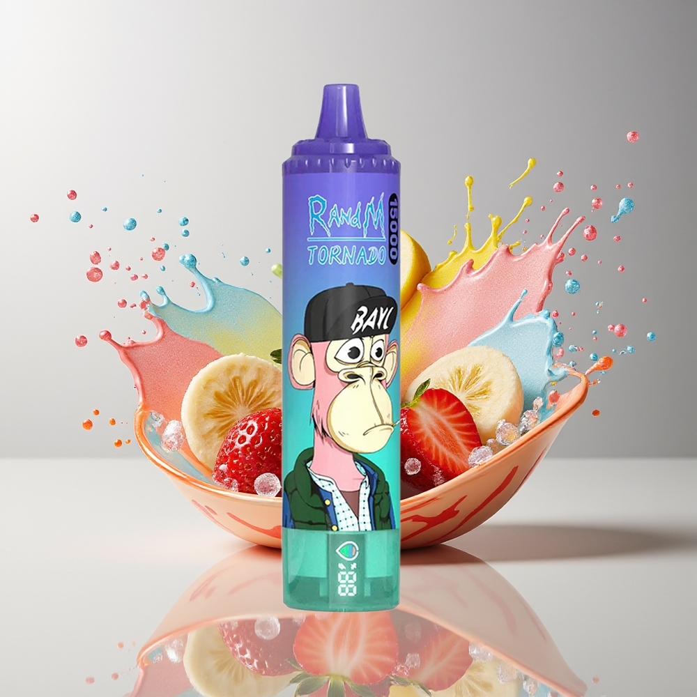 RandM Fumot Tornado 15000 Puffs Dansk engros Disposable Vape Jordbær Banan med 25ml kapacitet og 850mAh batteri