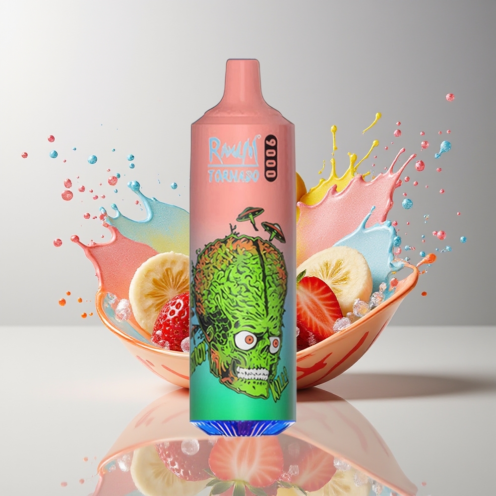 RandM Tornado 9000 Puffs Dansk Engros – 18 mL E-væske, 850 mAh Genopladelig, Mesh Coil, Jordbær Banan