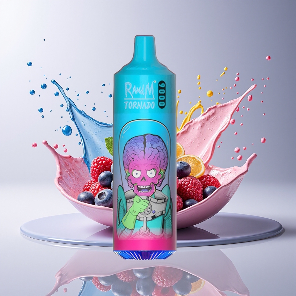 RandM Tornado 9000 Puffs Dansk Engros – 850 mAh Genopladelig, 18 mL, Mesh Coil, Blåbær Hindbær