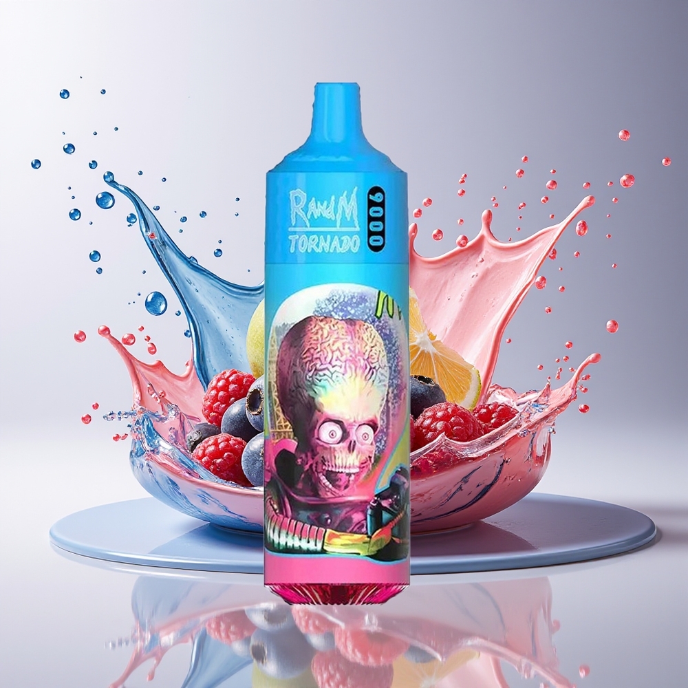 RandM Tornado 9000 Puffs Dansk Engros – 850 mAh Genopladelig, 18 mL, Mesh Coil, Blåbær Sur Hindbær
