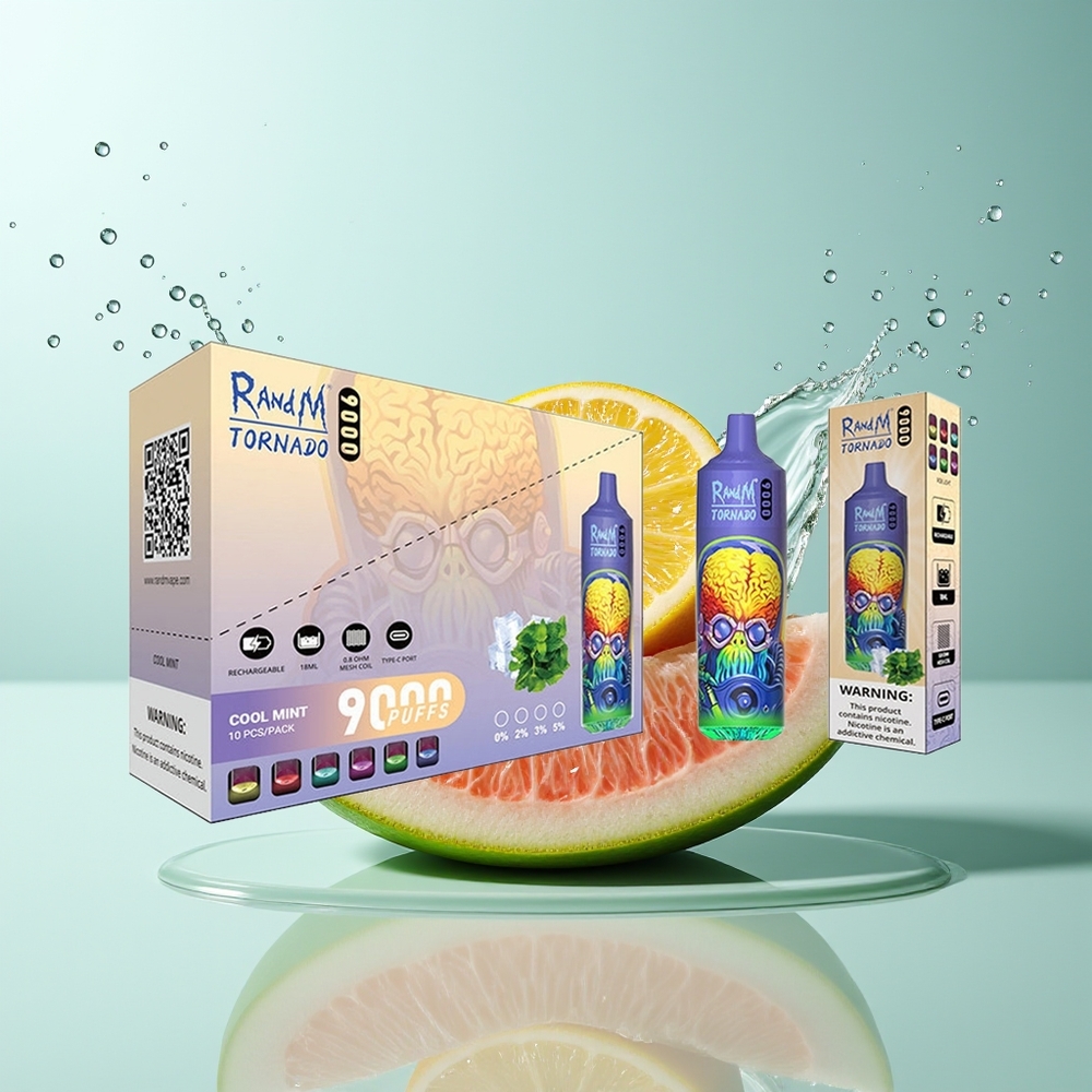RandM Tornado 9000 Puffs Dansk Engros – 850 mAh Genopladelig, 18 mL, Mesh Coil, Cool Mint (Kølig Mynte)