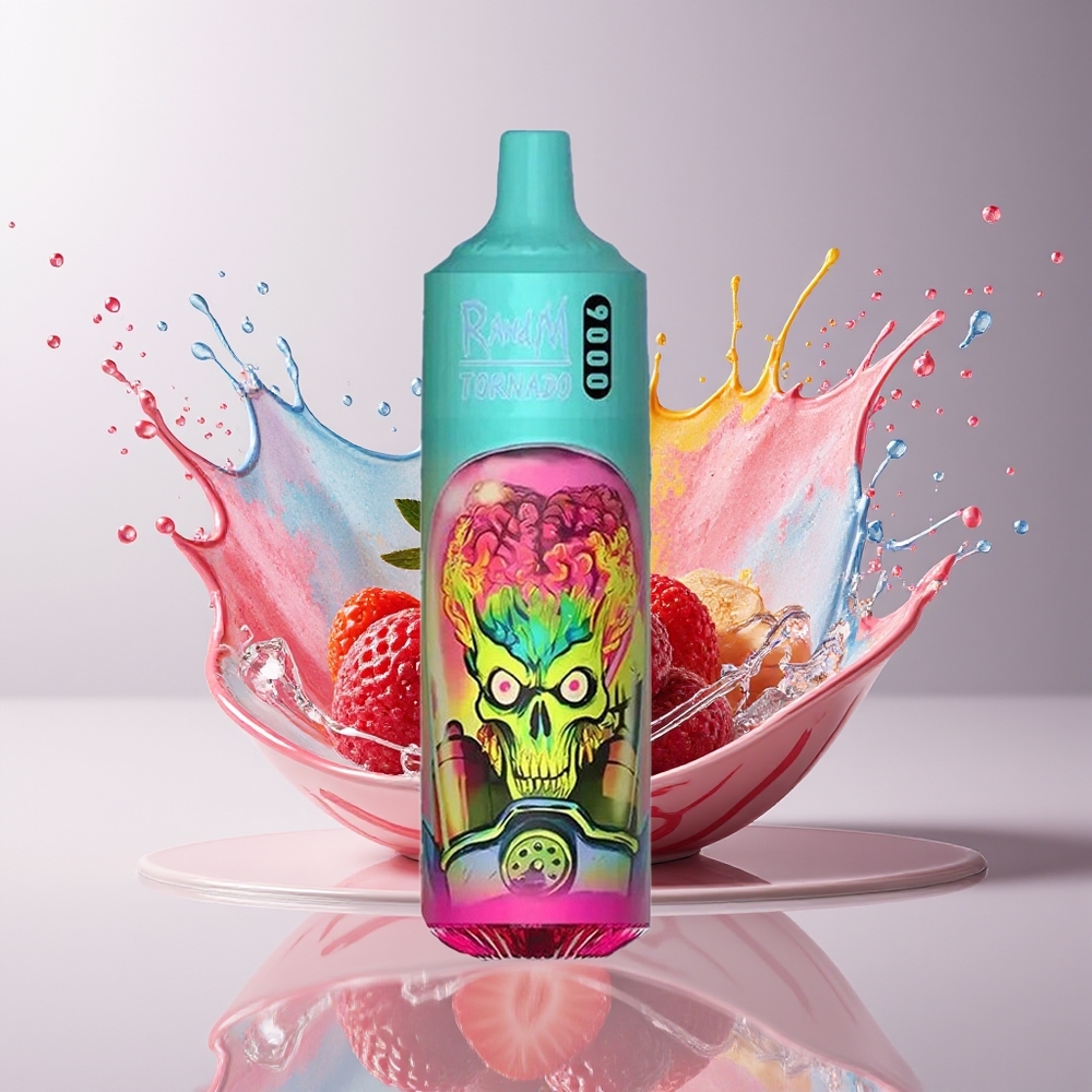 RandM Tornado 9000 Puffs Dansk Engros – 850 mAh Genopladelig, 18 mL, Mesh Coil, Jordbær Hindbær (Strawberry Raspberry)