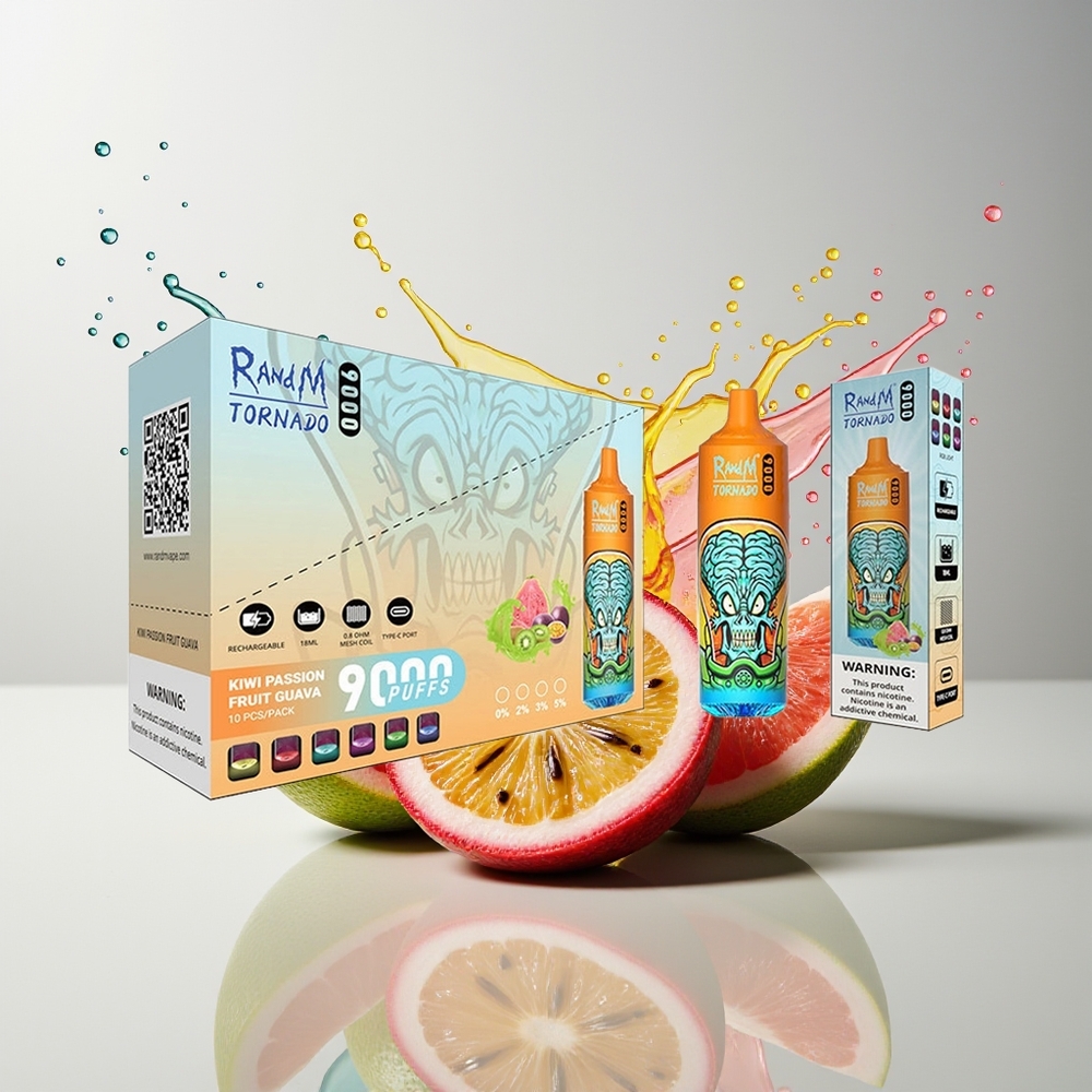 RandM Tornado 9000 Puffs Dansk Engros – 850 mAh Genopladelig, 18 mL, Mesh Coil, RGB Display, Kiwi Passionsfrugt Guava