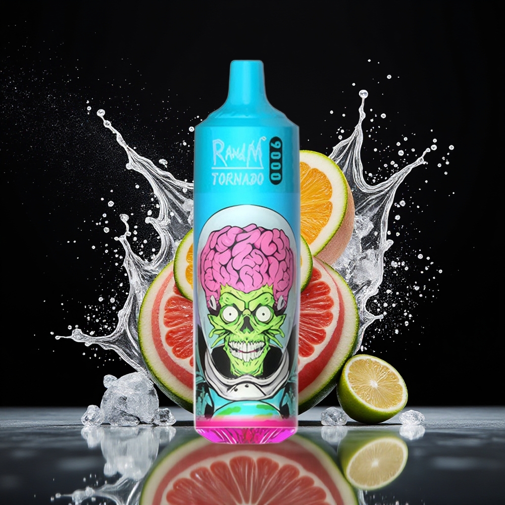 RandM Tornado 9000 Puffs Dansk Engros – 850 mAh Genopladelig, 18 mL, Mesh Coil, Sort Drage Is