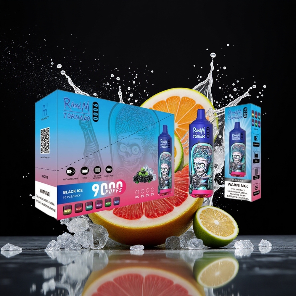 RandM Tornado 9000 Puffs Dansk Engros – 850 mAh Genopladelig, 18 mL, Mesh Coil, Sort Is (Black Ice)