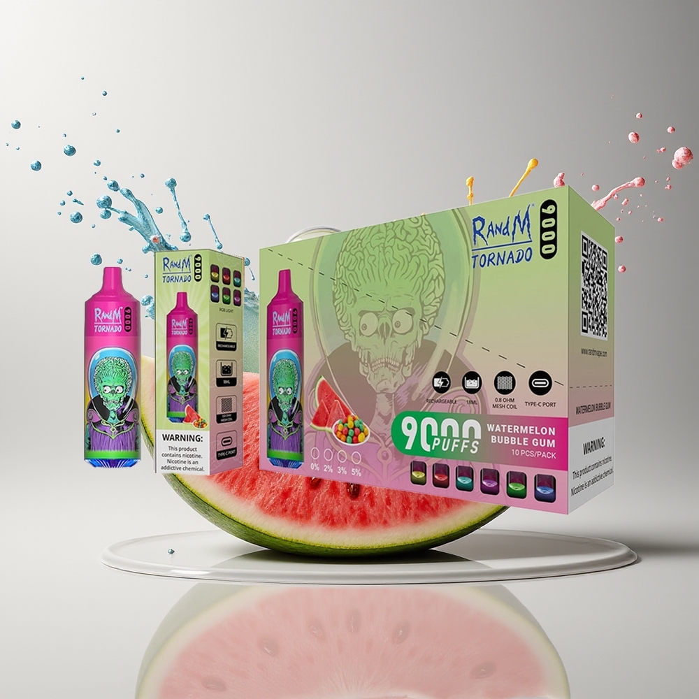 RandM Tornado 9000 Puffs Dansk Engros – 850 mAh Genopladelig, 18 mL, Mesh Coil, Vandsukkerbobletyggegummi