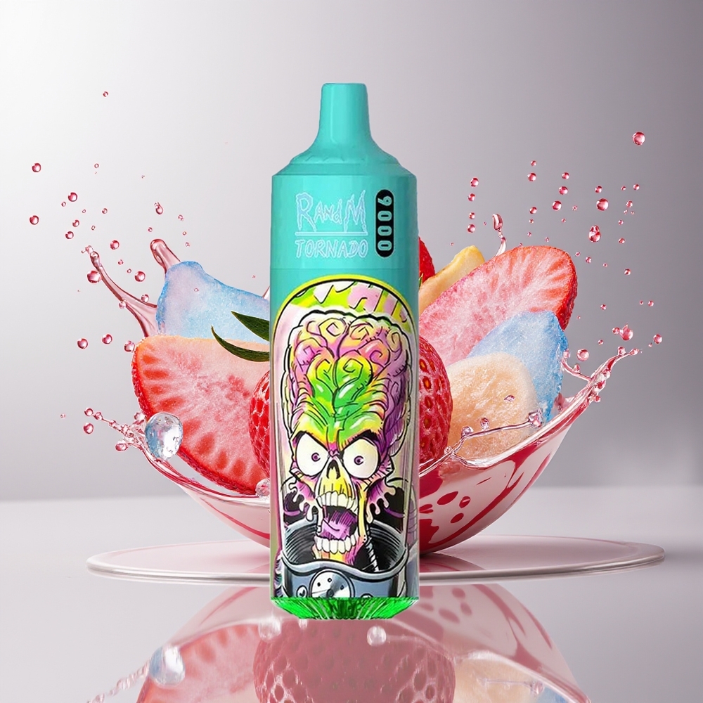 RandM Tornado 9000 Puffs Dansk engros – 850 mAh Genopladelig, 18 mL, Mesh Coil, Jordbær Granatæble