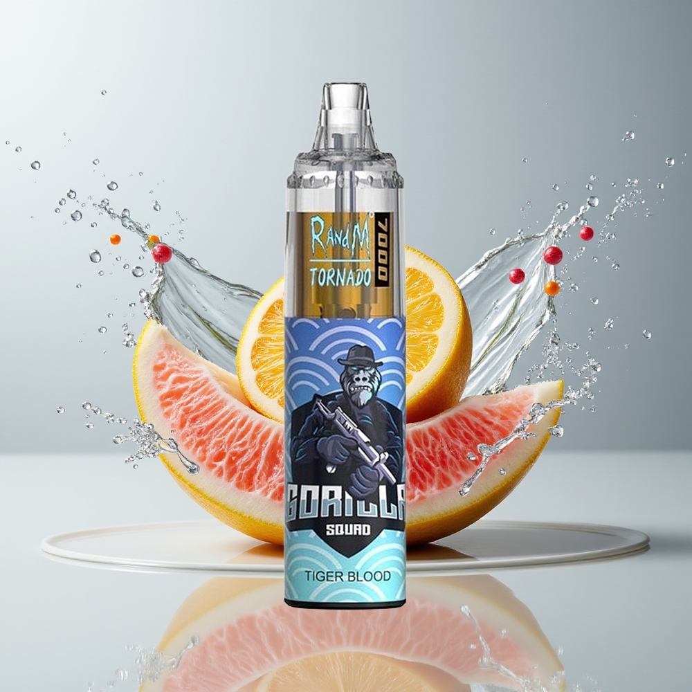 RandM Fumot Tornado 7000 Dansk Engros – 14 ML E-liquid, 850 MAH Batteri, Mesh Coil, Tiger Blod