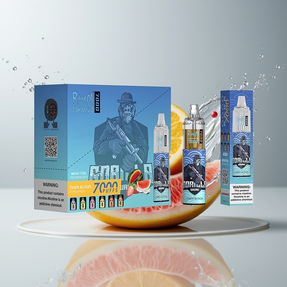 RandM Fumot Tornado 7000 Dansk Engros – 14 ML E-liquid, 850 MAH Batteri, Mesh Coil, Tiger Blod