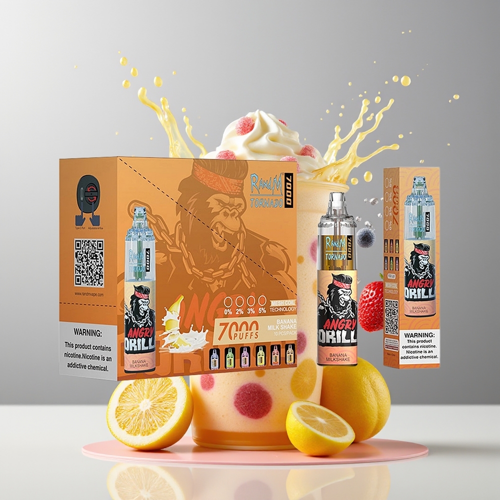 RandM Fumot Tornado 7000 Dansk Engros Disposable Vape Banan Milkshake med 14 ML E-liquid, Mesh Coil og Type-C Port