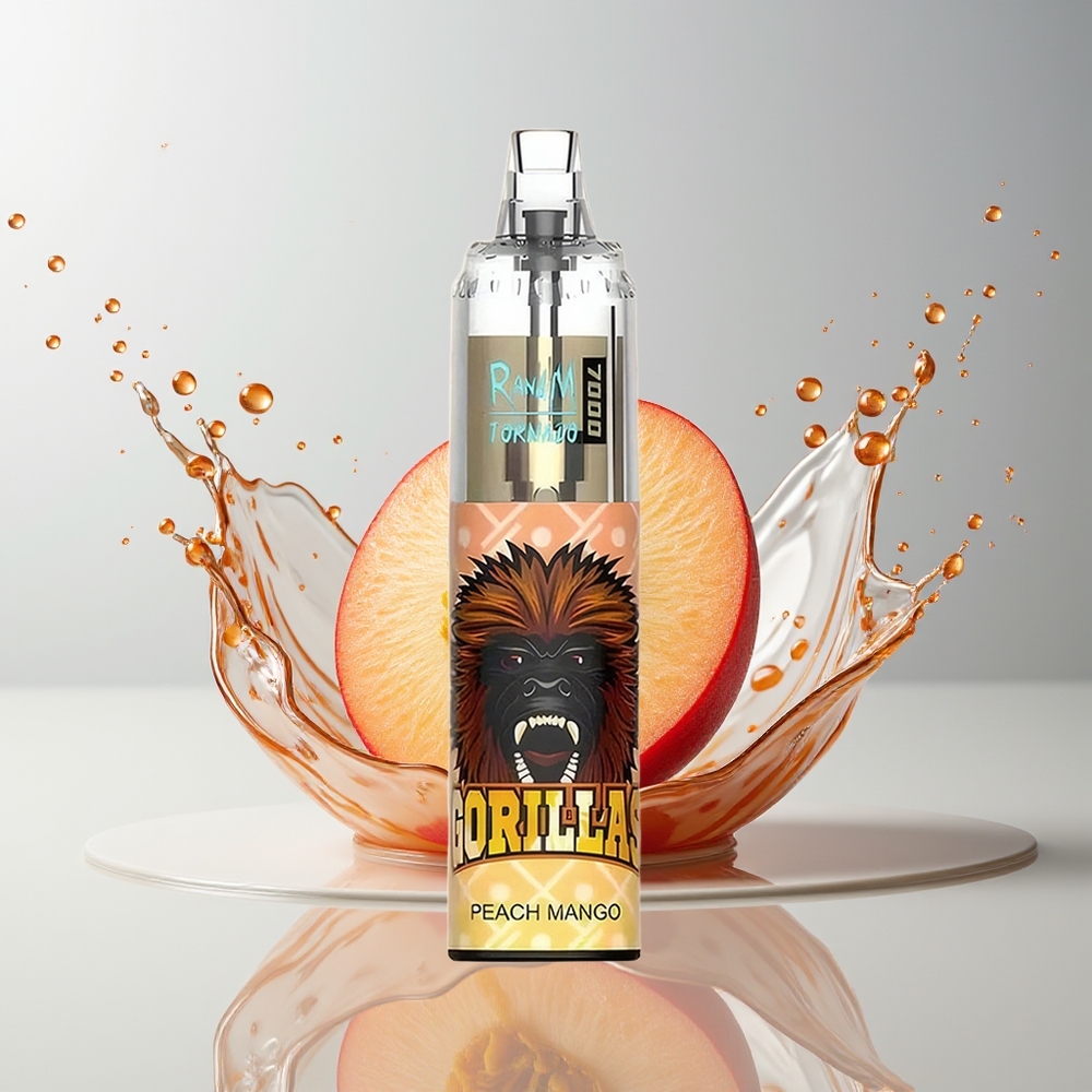 RandM Fumot Tornado 7000 Dansk Engros Disposable Vape Fersken Mango - 14 ML E-liquid, 850 MAH Batteri, Mesh Coil, Type-C Port, RGB Lys, Luftjustering