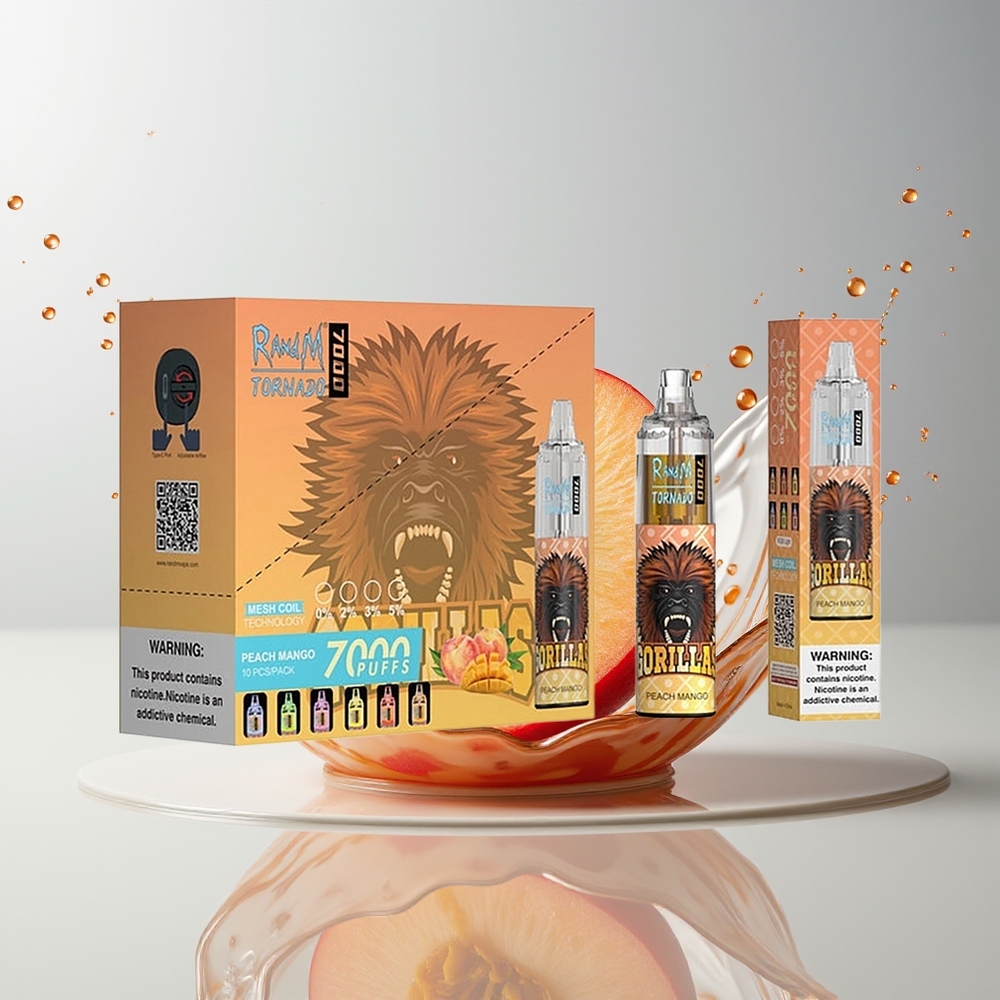 RandM Fumot Tornado 7000 Dansk Engros Disposable Vape Fersken Mango - 14 ML E-liquid, 850 MAH Batteri, Mesh Coil, Type-C Port, RGB Lys, Luftjustering