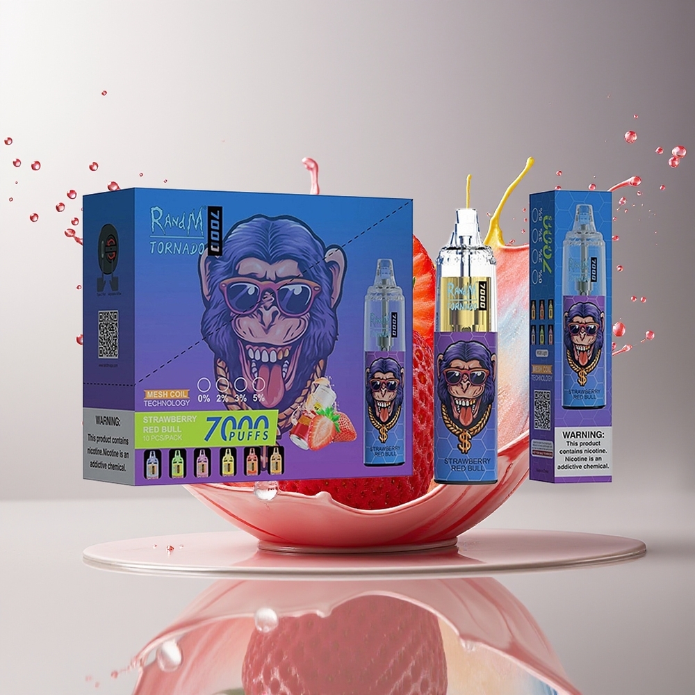 RandM Fumot Tornado 7000 Dansk Engros Disposable Vape Jordbær Rød Okse med 14 ML E-væske, 850 MAH Batteri og Mesh Coil