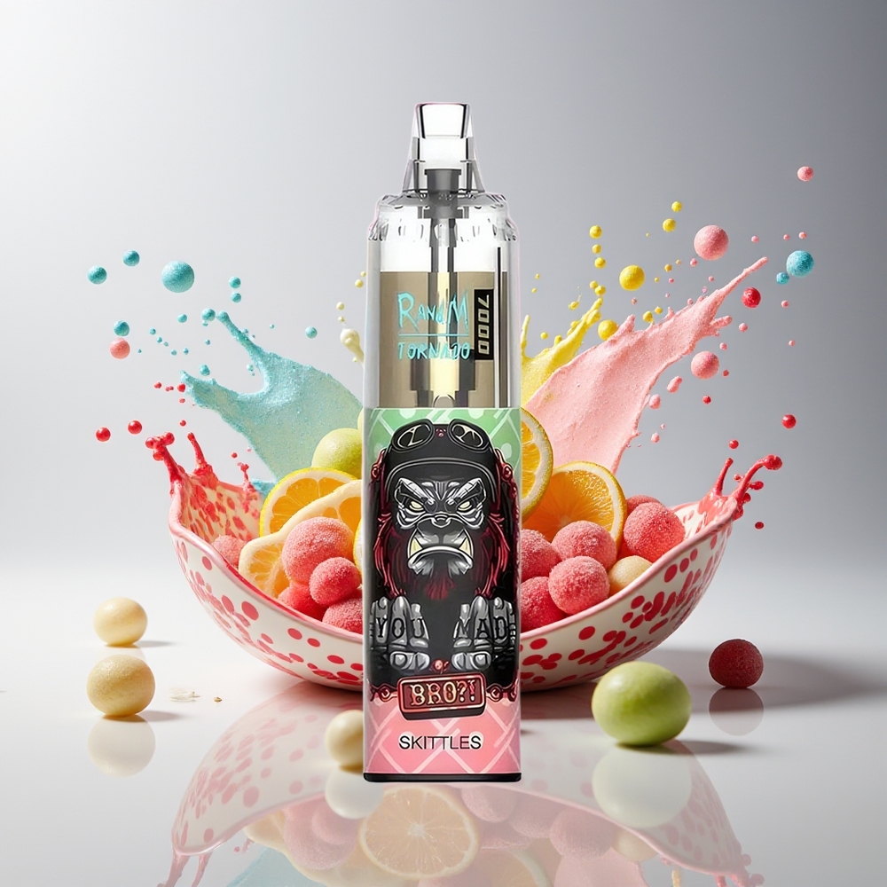 RandM Fumot Tornado 7000 Dansk Engros Disposable Vape med 14 ML E-væske, 850 MAH Batteri, Mesh Coil og Skittles-smag