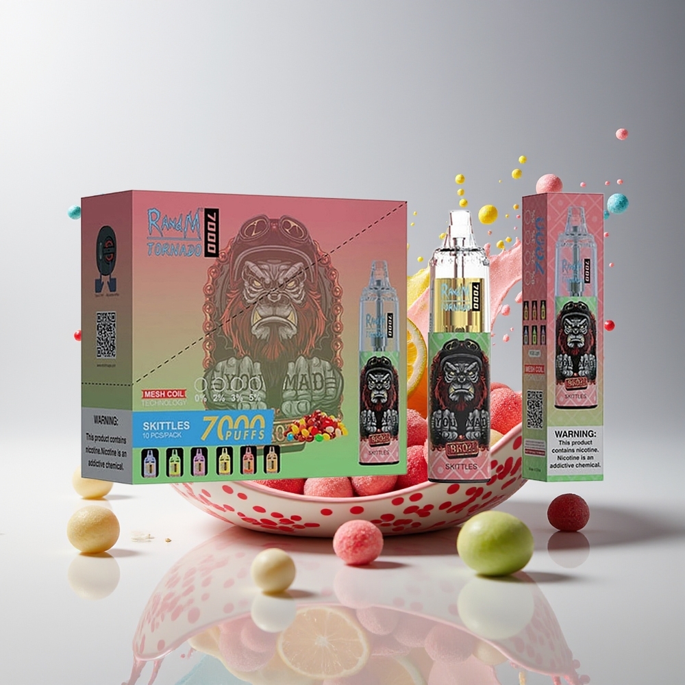 RandM Fumot Tornado 7000 Dansk Engros Disposable Vape med 14 ML E-væske, 850 MAH Batteri, Mesh Coil og Skittles-smag