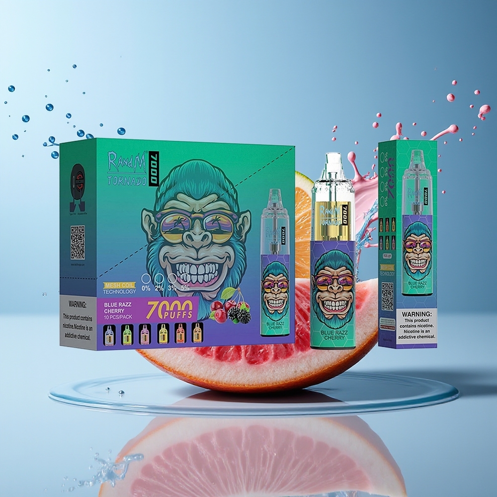 RandM Fumot Tornado 7000 Dansk engros – Blå Hindbær/Kirsebær – 14 ML E-væske, Mesh Coil, Type-C