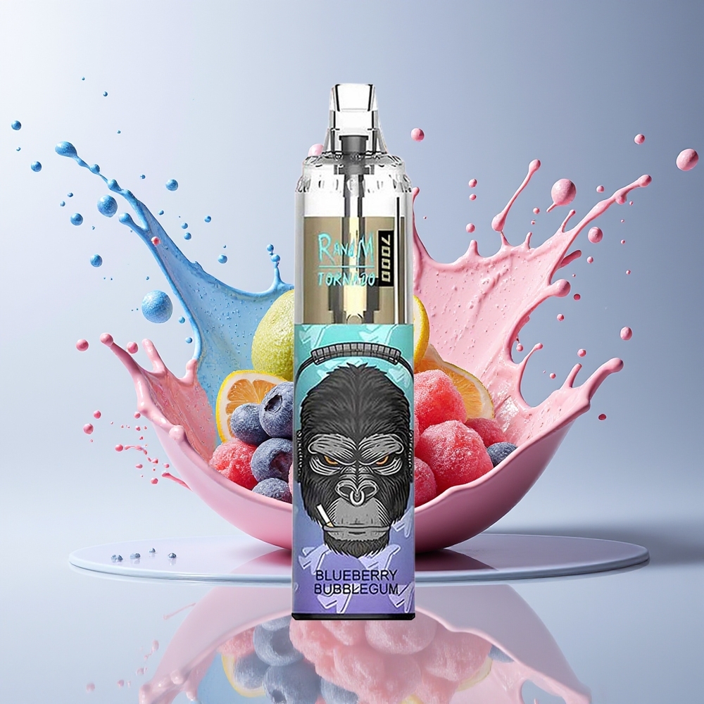 RandM Fumot Tornado 7000 Dansk engros Disposable Vape Blåbær Bubblegum med 850 MAH Batteri og Mesh Coil