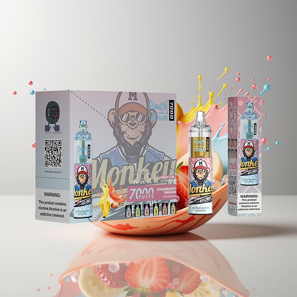 RandM Fumot Tornado 7000 Dansk engros Disposable Vape Jordbær Banan med 7000 Puffs, 14 ML E-liquid og Mesh Coil