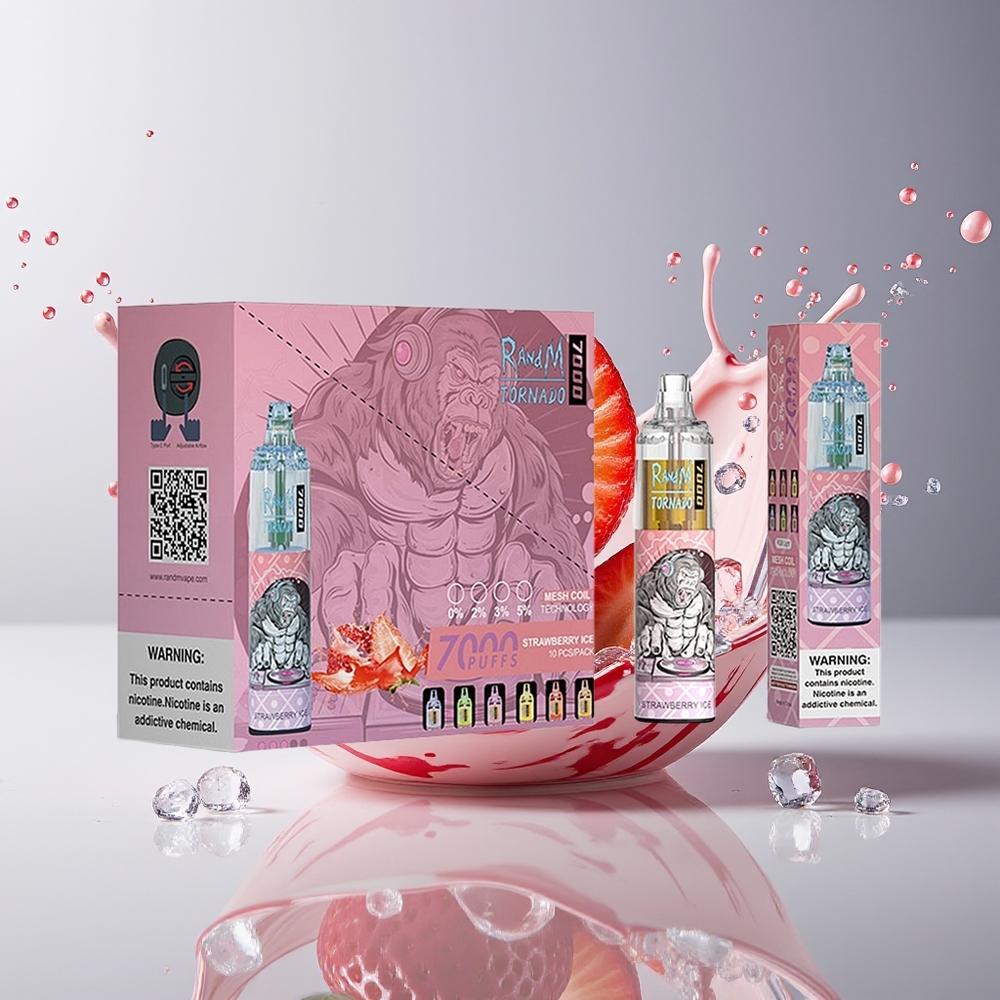 RandM Fumot Tornado 7000 Dansk engros Disposable Vape Jordbær Is med 14 ML E-liquid, 850 MAH Batteri og Mesh Coil