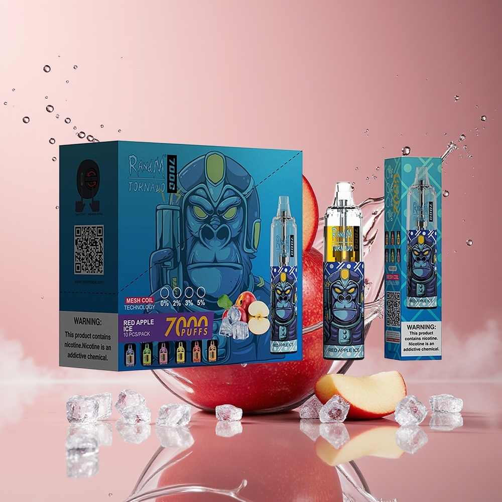 RandM Fumot Tornado 7000 Dansk engros Disposable Vape Rød Æble Is med 7000 Puffs, 14 ML E-væske og Mesh Coil