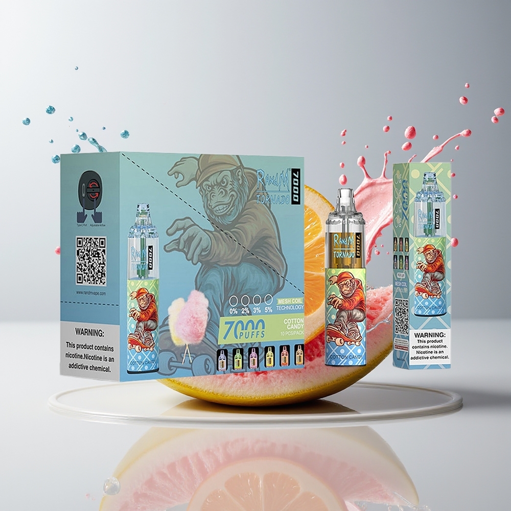 RandM Fumot Tornado 7000 Dansk engros Disposable Vape med Bomuldsslik, 14 ML E-væske, Mesh Coil og Type-C Port