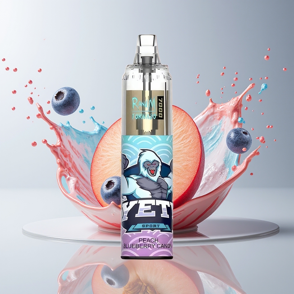 RandM Fumot Tornado 7000 Dansk engros Disposable Vape med Fersken-Blåbær Slik, 14 ML E-væske, 850 MAH Batteri, Mesh Coil