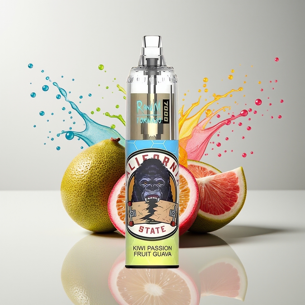 RandM Fumot Tornado 7000 Dansk engros Disposable Vape med Kiwi Passionsfrugt Guava, 14 ML E-liquid, 850 MAH Batteri, Mesh Coil