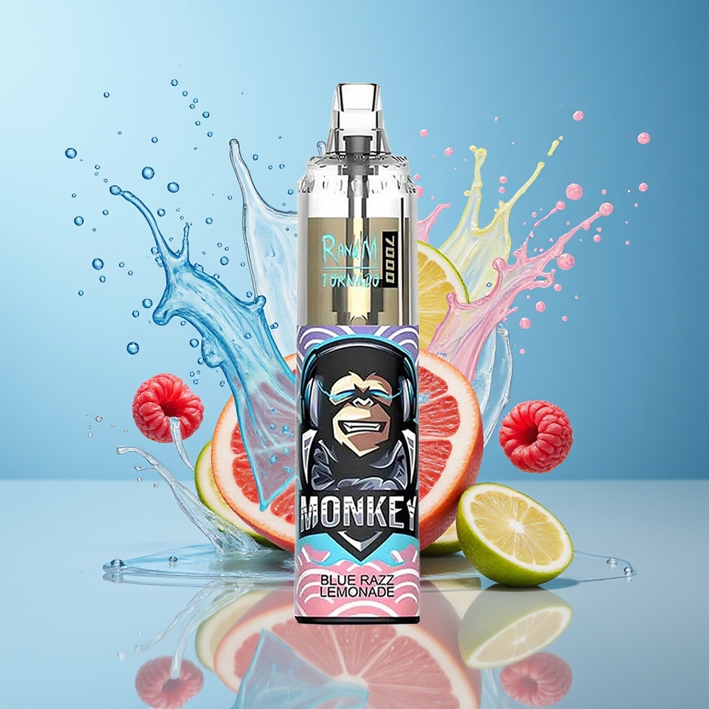 RandM Fumot Tornado 7000 Puffs Dansk Engros Disposable Vape Blå Hindbær Lemonade med 14 ML E-liquid, Mesh Coil og Type-C Port