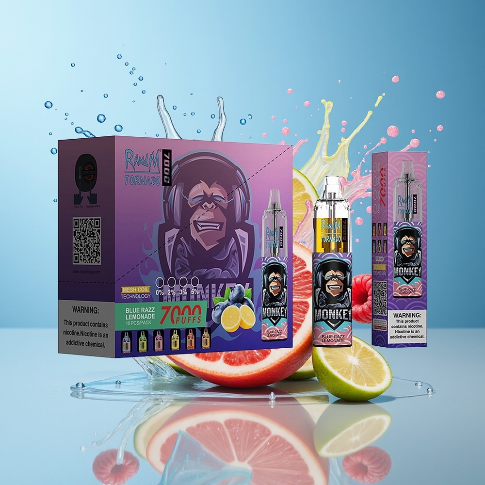 RandM Fumot Tornado 7000 Puffs Dansk Engros Disposable Vape Blå Hindbær Lemonade med 14 ML E-liquid, Mesh Coil og Type-C Port