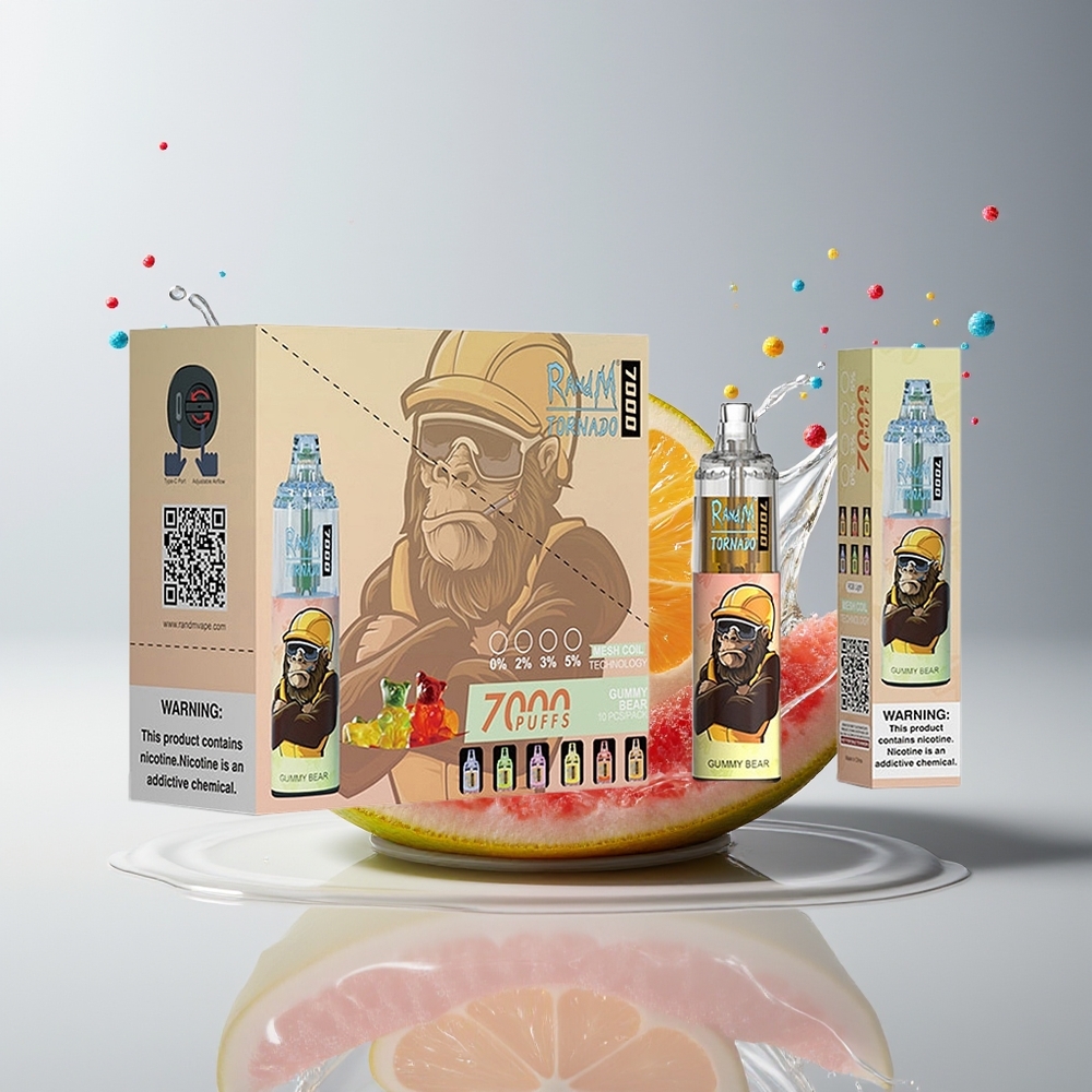 RandM Fumot Tornado 7000 Puffs Dansk Engros Disposable Vape Gummy Bjørn med 14 ML E-liquid, 850 MAH Batteri og Mesh Coil