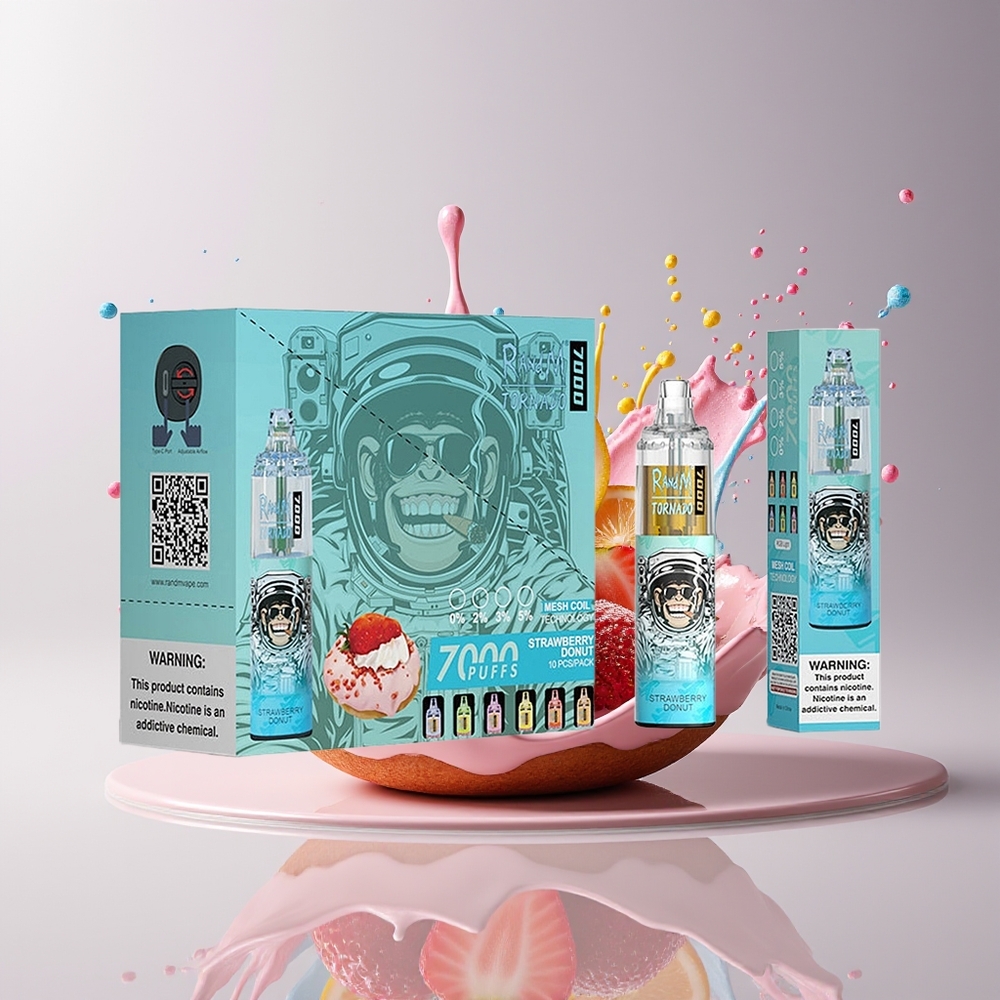 RandM Fumot Tornado 7000 Puffs Dansk Engros Disposable Vape Jordbær Donut med 14 ML E-liquid, 850 MAH Batteri, og Mesh Coil