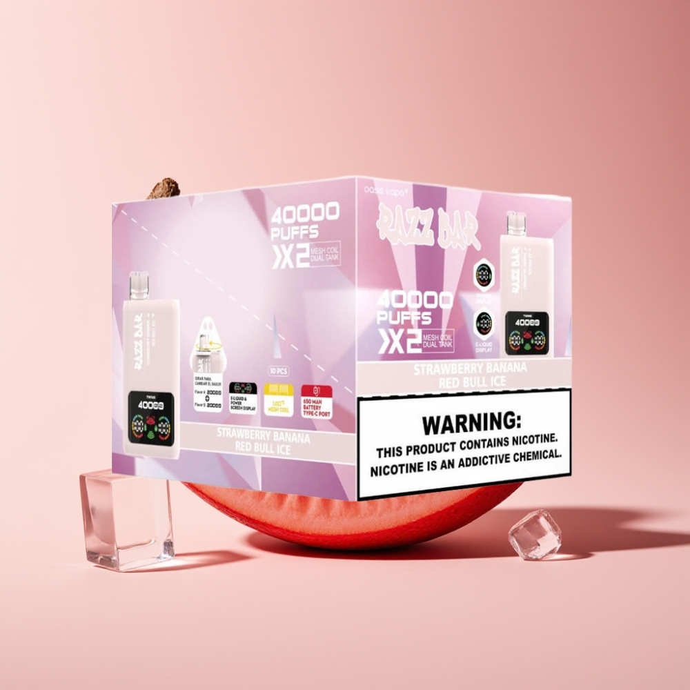 Razz Bar 40000 Puffs Engangs Vape Dansk Engros – Jordbær Banan & Red Bull Is med Power Skærm, 1.0Ω 2 Mesh Coil og Type-C Port