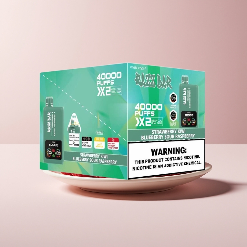 Razz Bar 40000 Puffs Engangs Vape Dansk Engros med Power Screen Display, Jordbær Kiwi & Blåbær Sur Hindbær