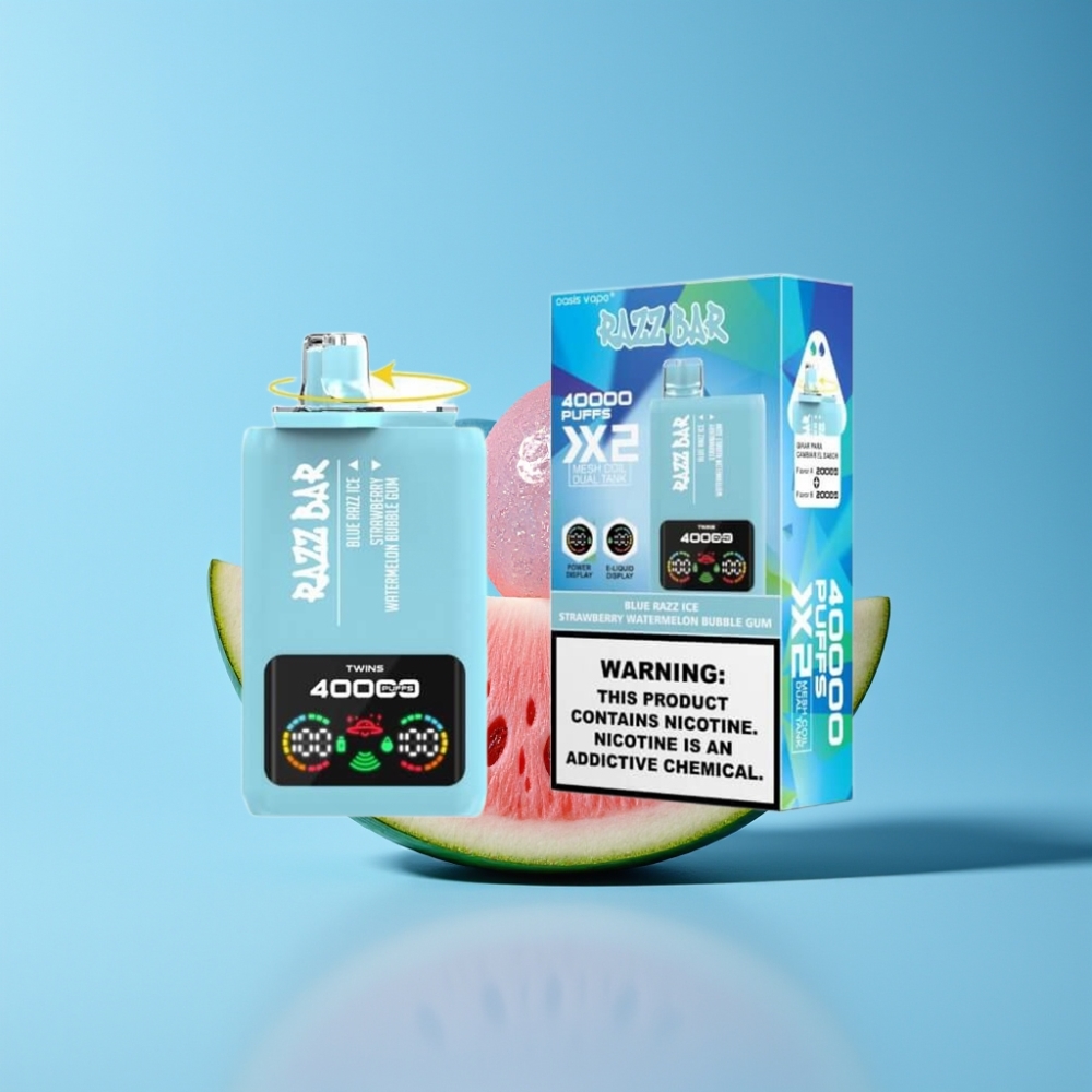 Razz Bar 40000 Puffs Vape til Engangsbrug Dansk Engros med Power Skærm, Blå Hindbær Is & Jordbær Vandmelon Bubble Gum, 1.0Ω 2 Mesh Coil, Type-C Port