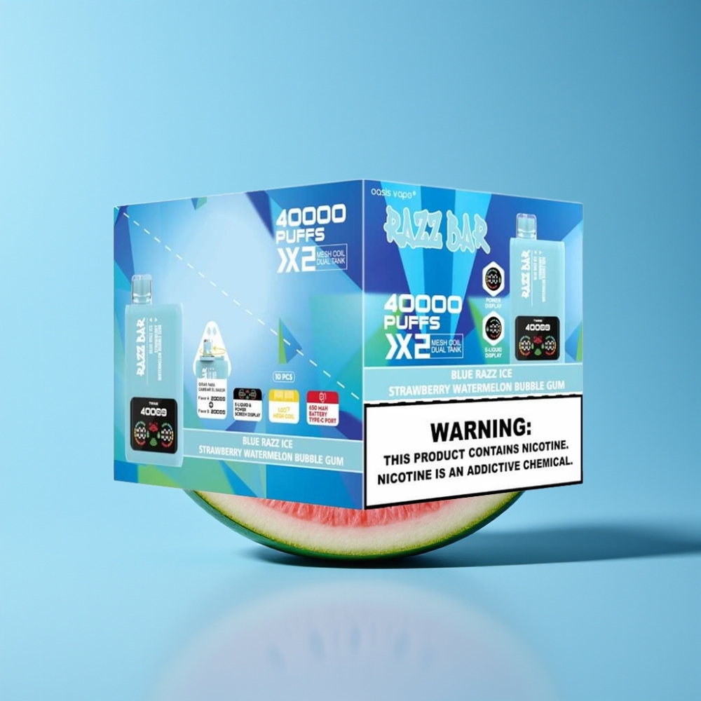 Razz Bar 40000 Puffs Vape til Engangsbrug Dansk Engros med Power Skærm, Blå Hindbær Is & Jordbær Vandmelon Bubble Gum, 1.0Ω 2 Mesh Coil, Type-C Port
